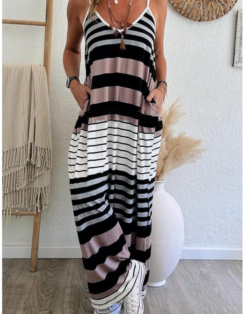 Multicolour Mixed Stripes Spaghetti Straps V Neck Maxi Dress