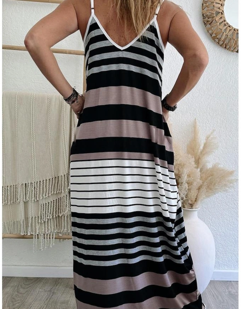Multicolour Mixed Stripes Spaghetti Straps V Neck Maxi Dress