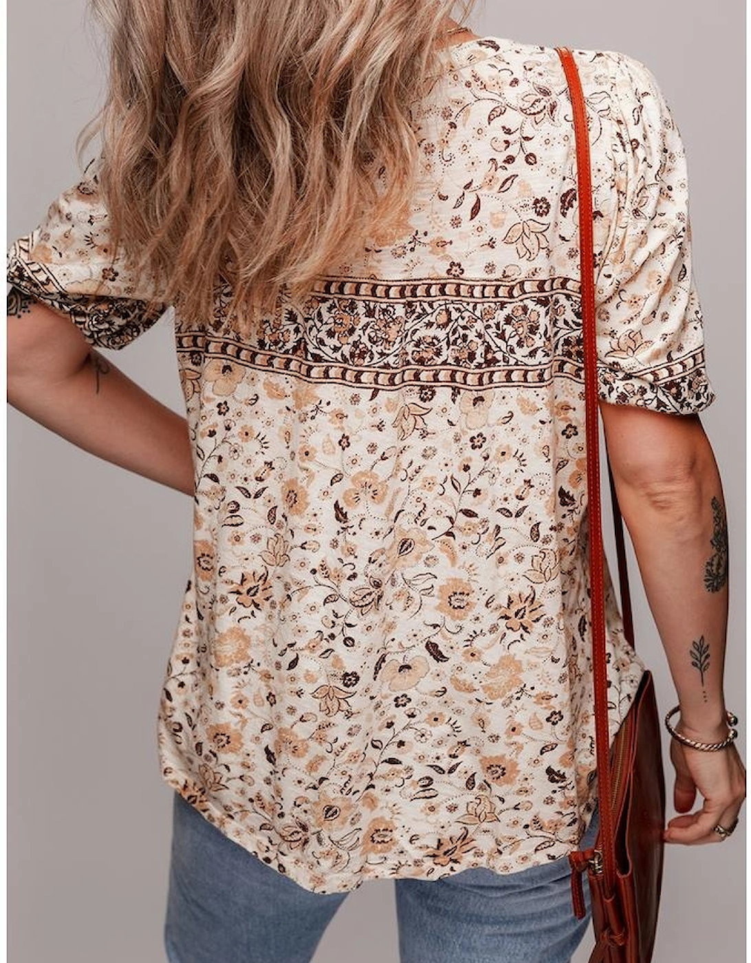 Khaki Boho Floral Print Half Placket Short Sleeve Loose Blouse, 16 of 15