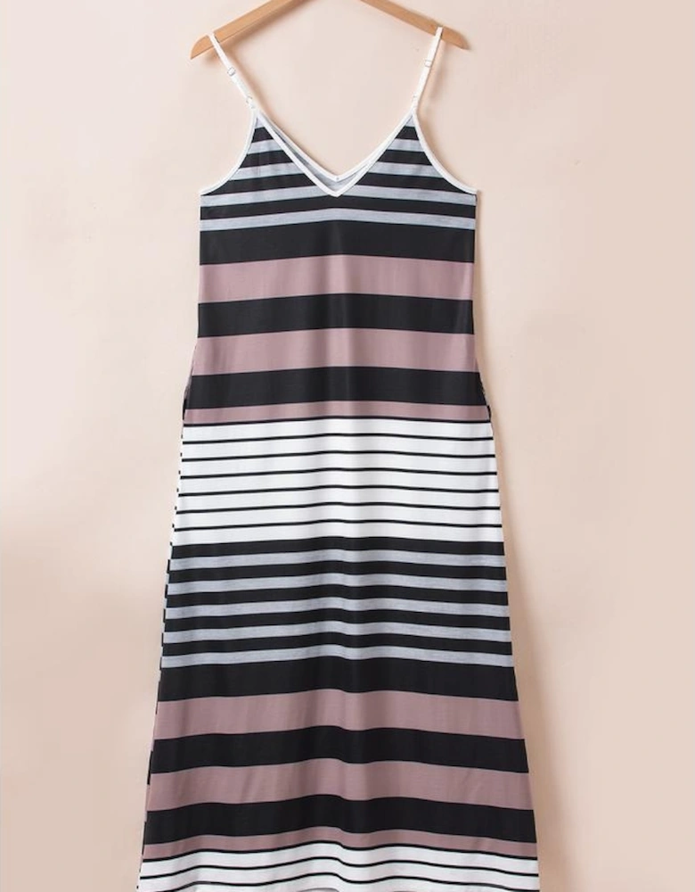 Multicolour Mixed Stripes Spaghetti Straps V Neck Maxi Dress