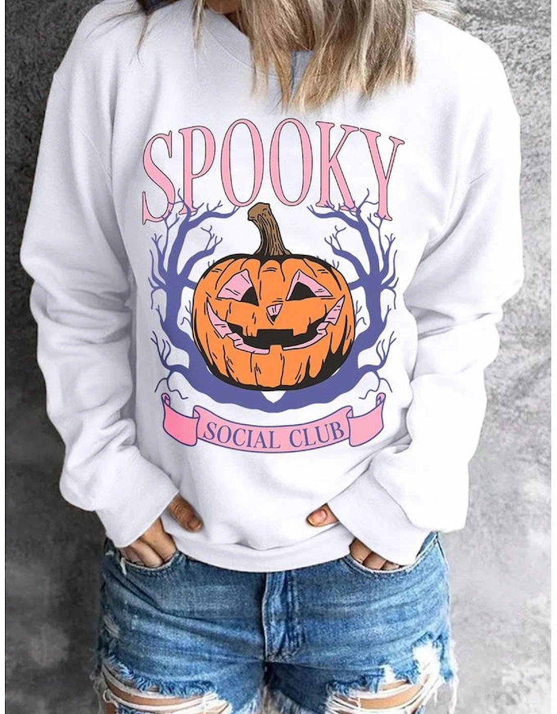 Beige SPOOKY SOCIAL CLUB Halloween Pumpkin Face Graphic Sweatshirt