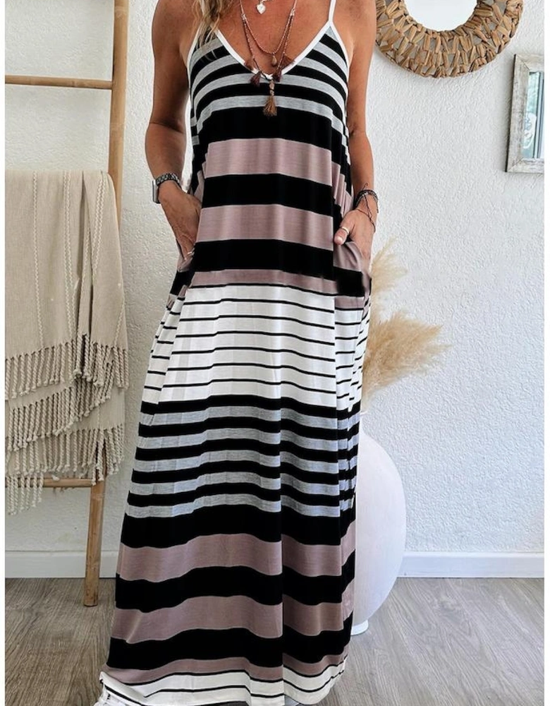 Multicolour Mixed Stripes Spaghetti Straps V Neck Maxi Dress