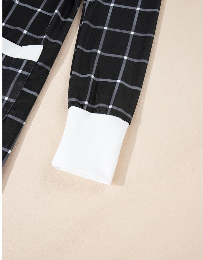 Black Plaid Colorblock Edge Open Cardigan with Pocket