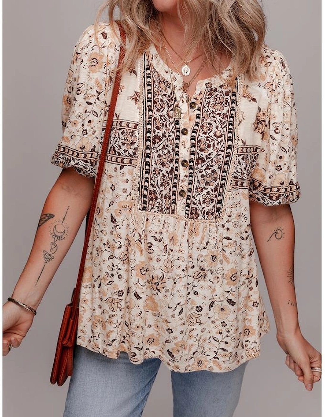 Khaki Boho Floral Print Half Placket Short Sleeve Loose Blouse