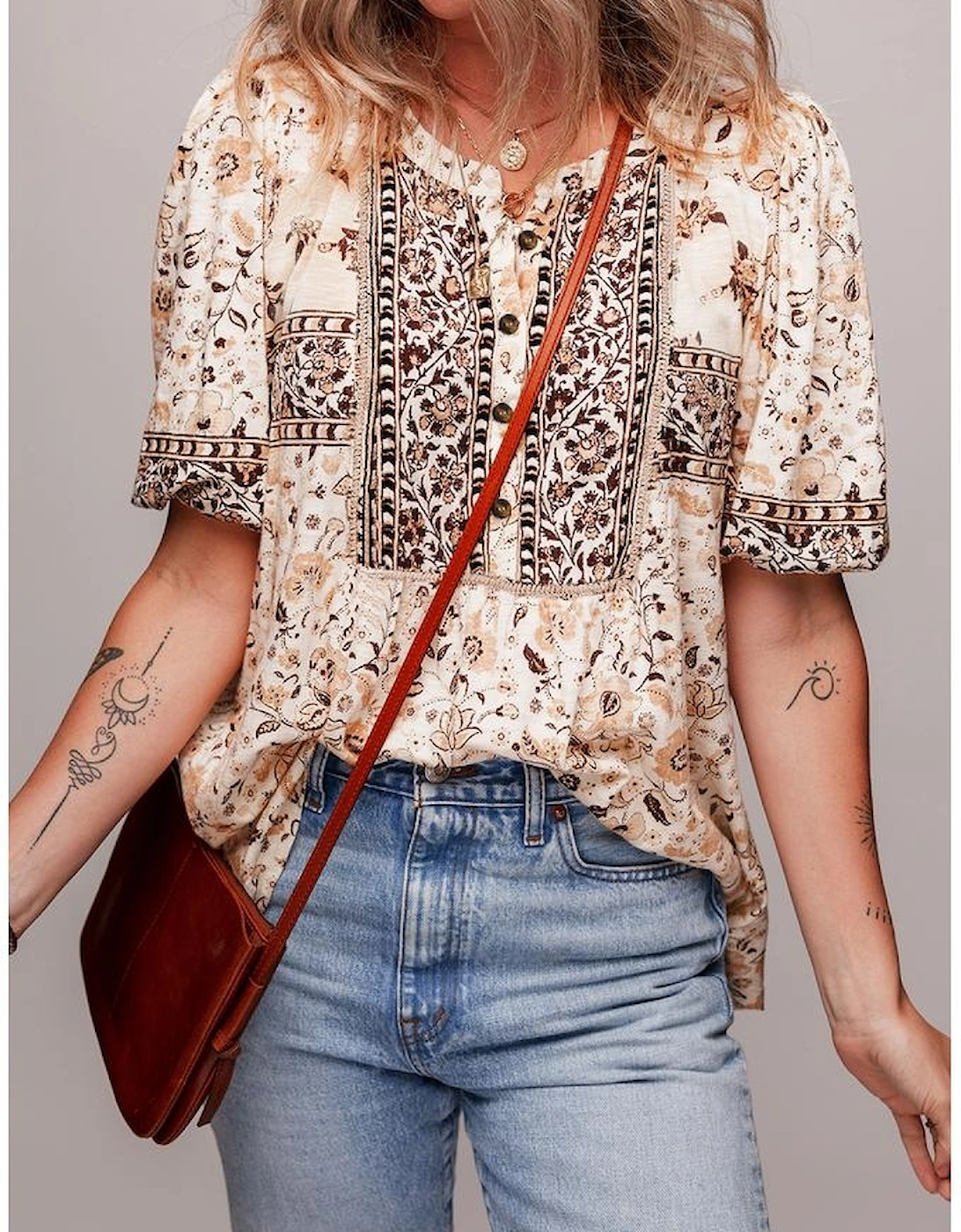 Khaki Boho Floral Print Half Placket Short Sleeve Loose Blouse