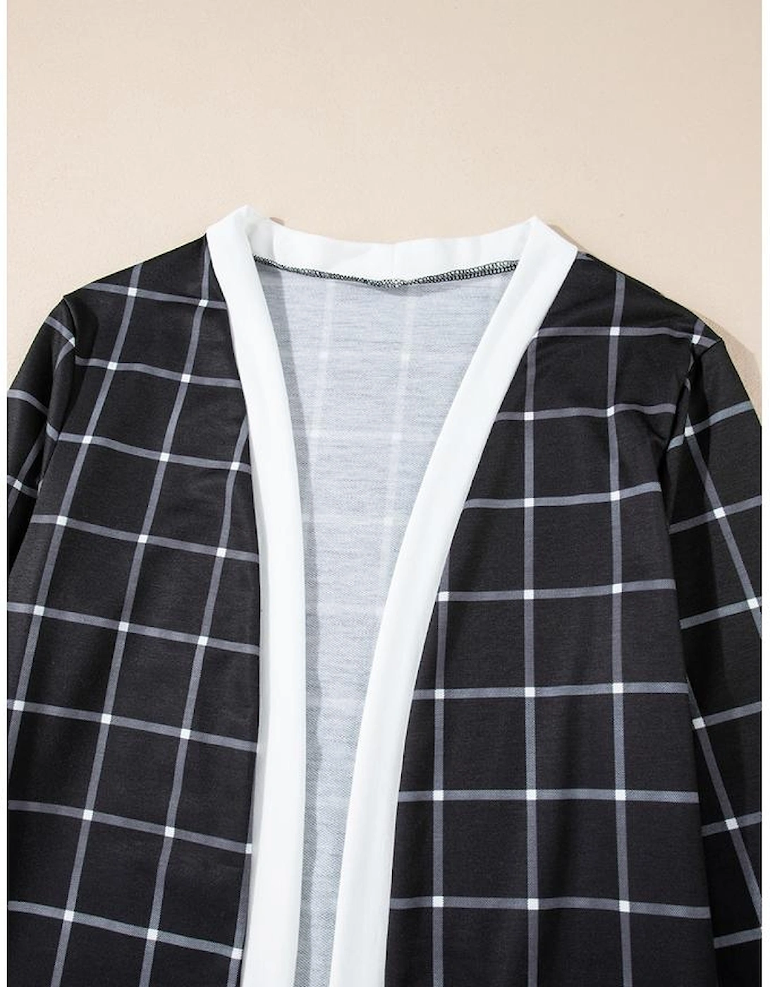 Black Plaid Colorblock Edge Open Cardigan with Pocket