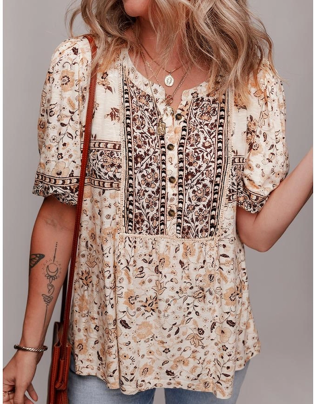 Khaki Boho Floral Print Half Placket Short Sleeve Loose Blouse