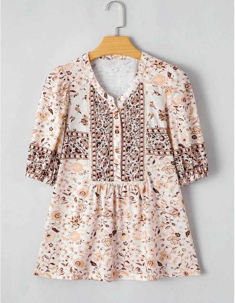 Khaki Boho Floral Print Half Placket Short Sleeve Loose Blouse