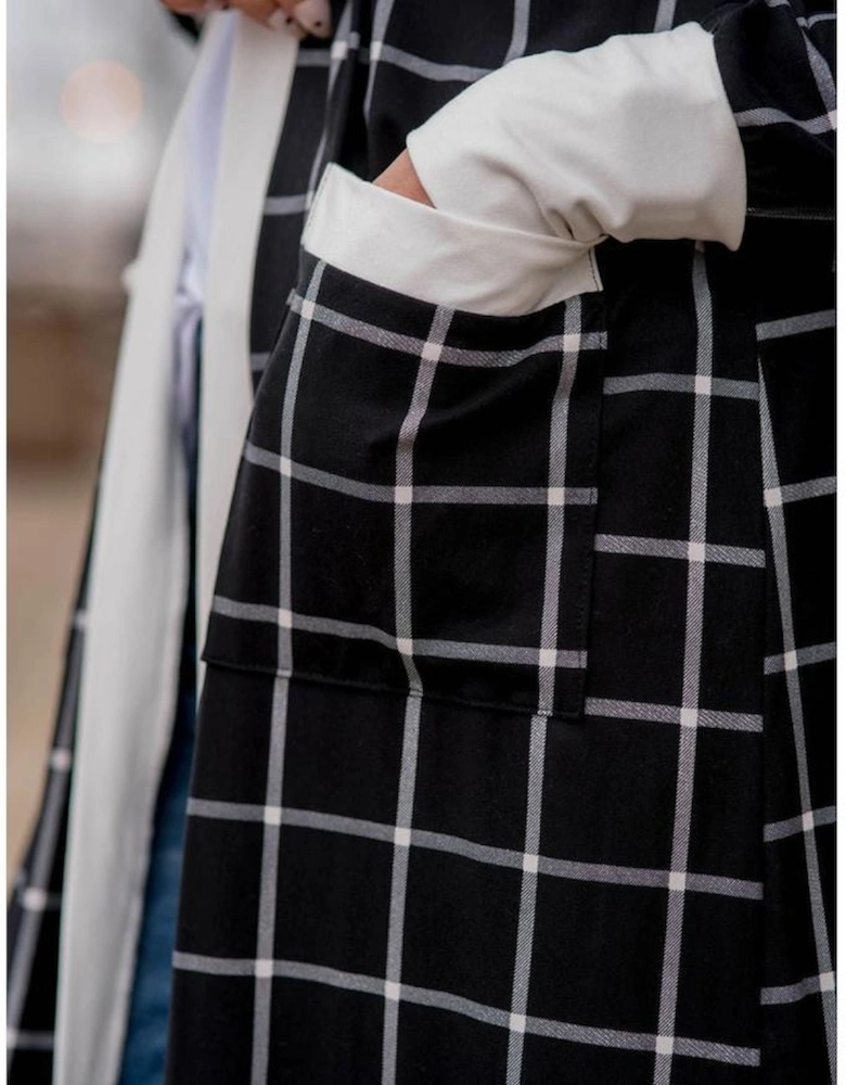 Black Plaid Colorblock Edge Open Cardigan with Pocket