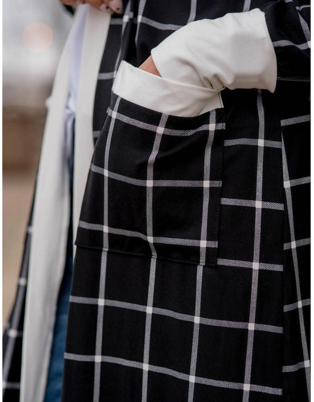 Black Plaid Colorblock Edge Open Cardigan with Pocket