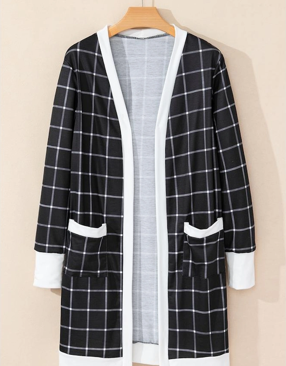 Black Plaid Colorblock Edge Open Cardigan with Pocket