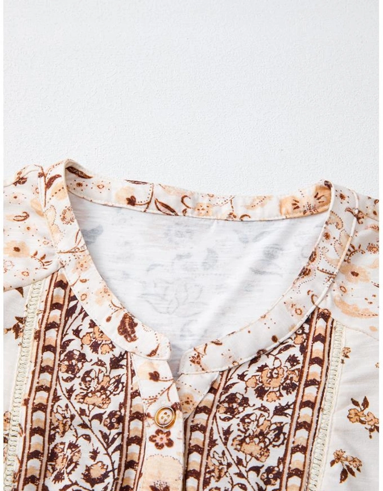 Khaki Boho Floral Print Half Placket Short Sleeve Loose Blouse