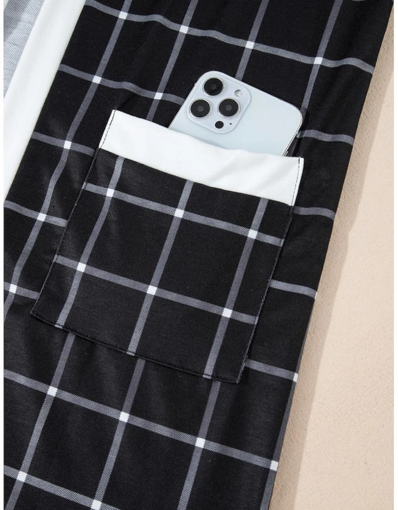 Black Plaid Colorblock Edge Open Cardigan with Pocket