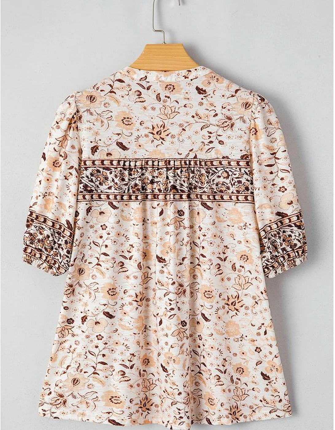 Khaki Boho Floral Print Half Placket Short Sleeve Loose Blouse