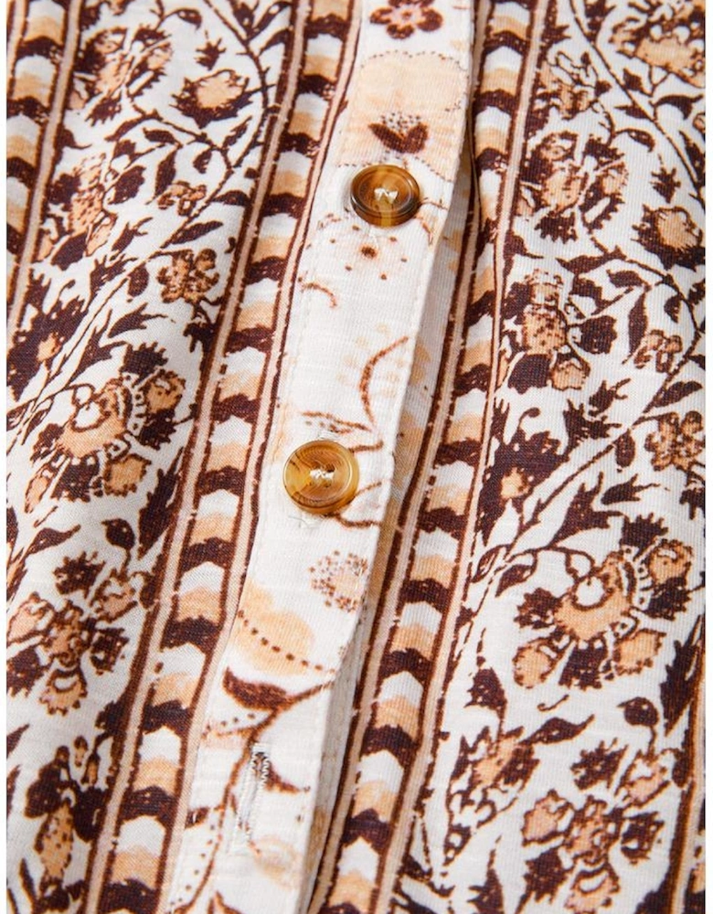 Khaki Boho Floral Print Half Placket Short Sleeve Loose Blouse