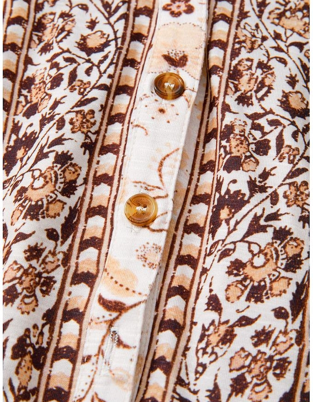 Khaki Boho Floral Print Half Placket Short Sleeve Loose Blouse