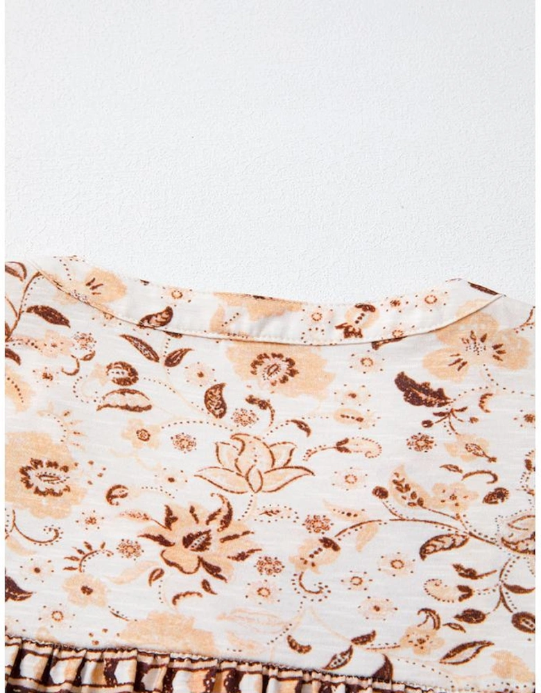 Khaki Boho Floral Print Half Placket Short Sleeve Loose Blouse