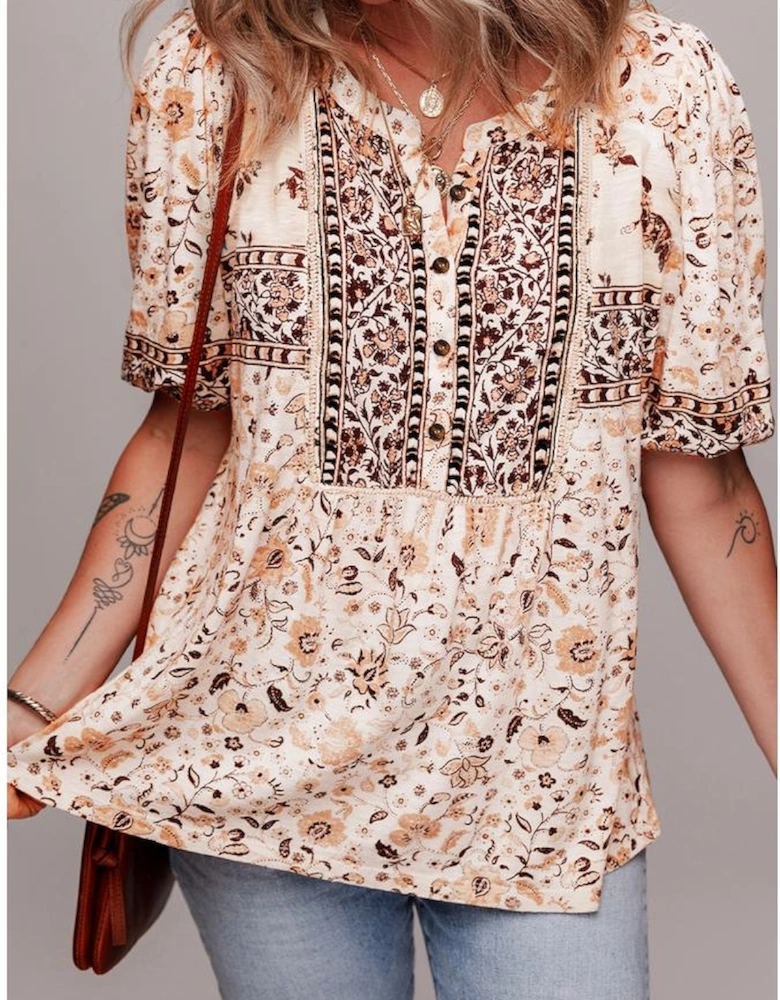 Khaki Boho Floral Print Half Placket Short Sleeve Loose Blouse