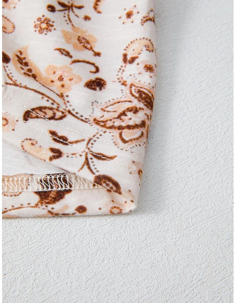 Khaki Boho Floral Print Half Placket Short Sleeve Loose Blouse