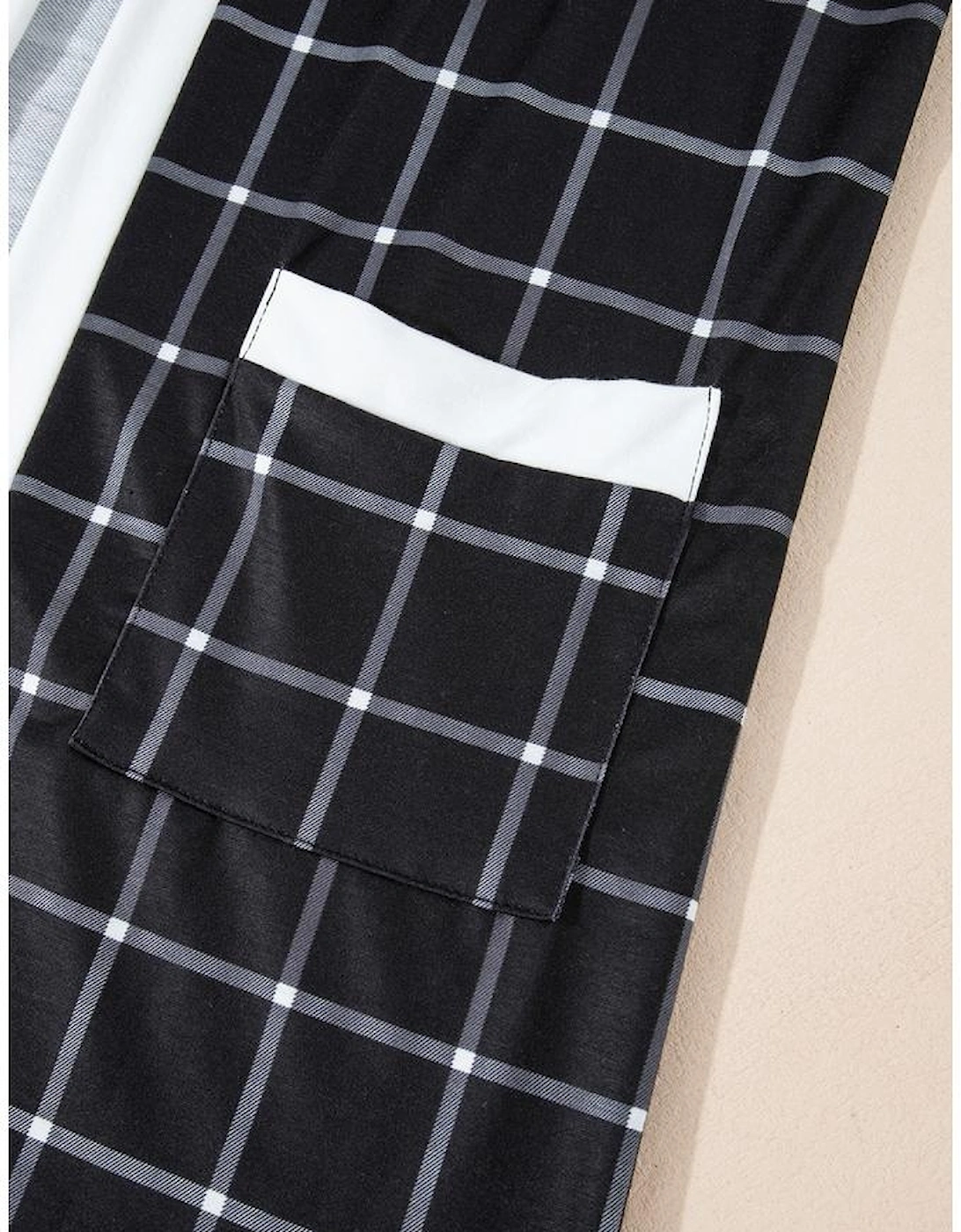 Black Plaid Colorblock Edge Open Cardigan with Pocket