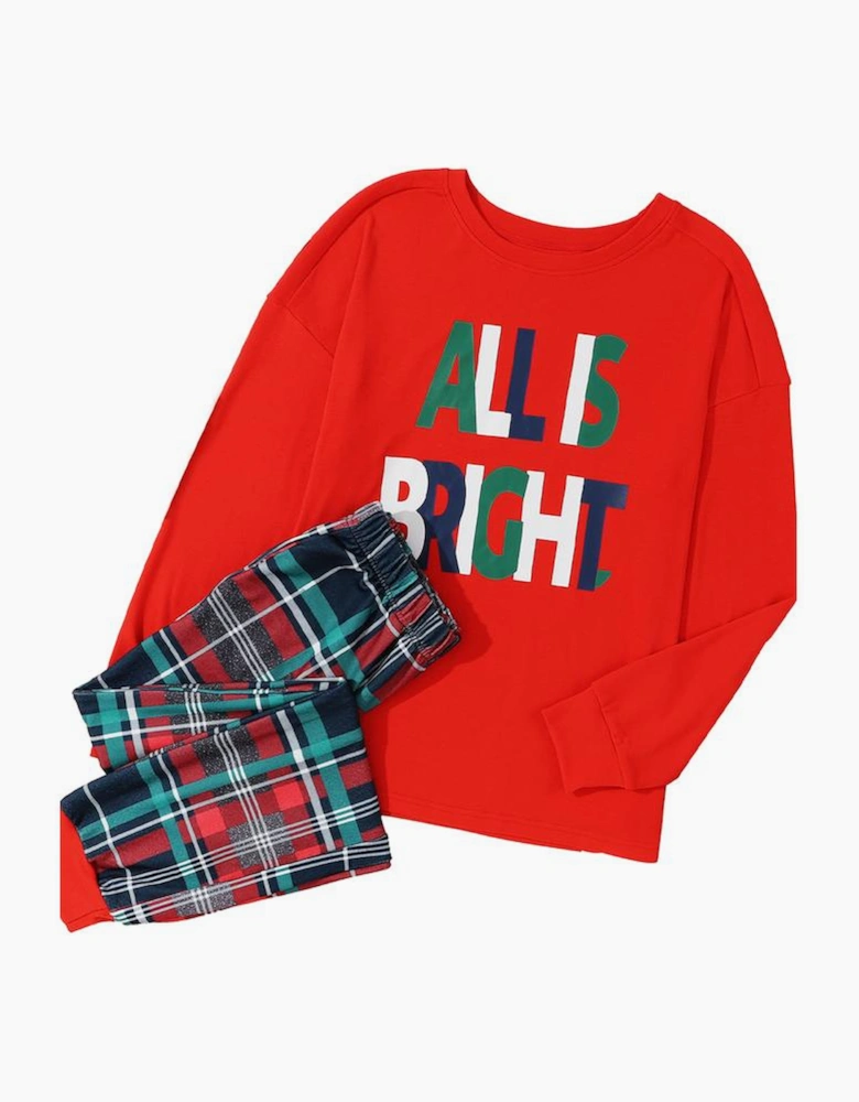 Multicolor ALL IS BRIGHT Graphic Christmas Plaid Pajamas Set