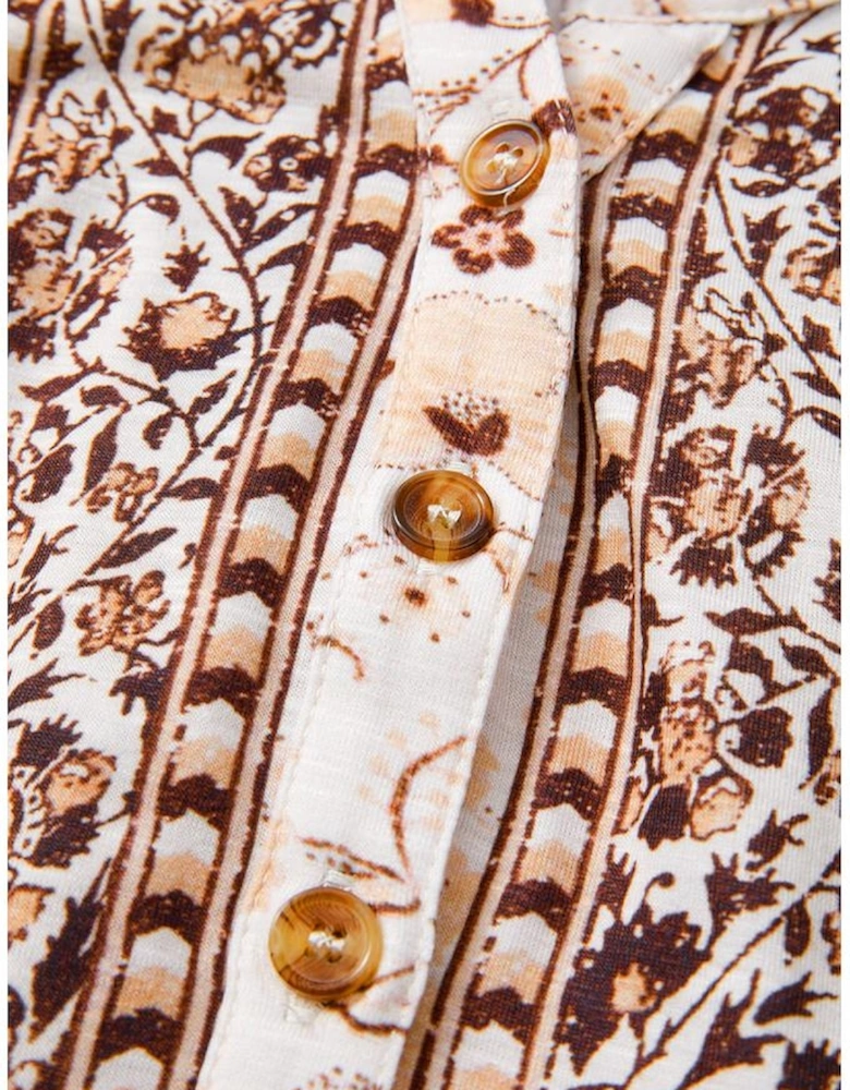 Khaki Boho Floral Print Half Placket Short Sleeve Loose Blouse