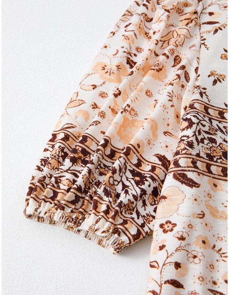 Khaki Boho Floral Print Half Placket Short Sleeve Loose Blouse