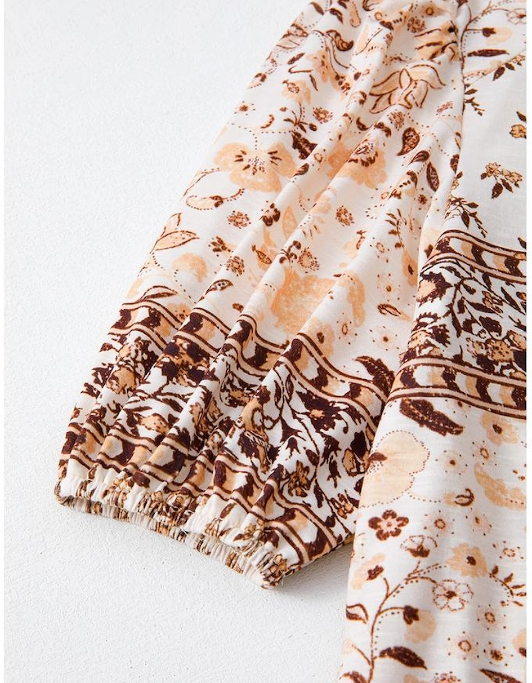 Khaki Boho Floral Print Half Placket Short Sleeve Loose Blouse