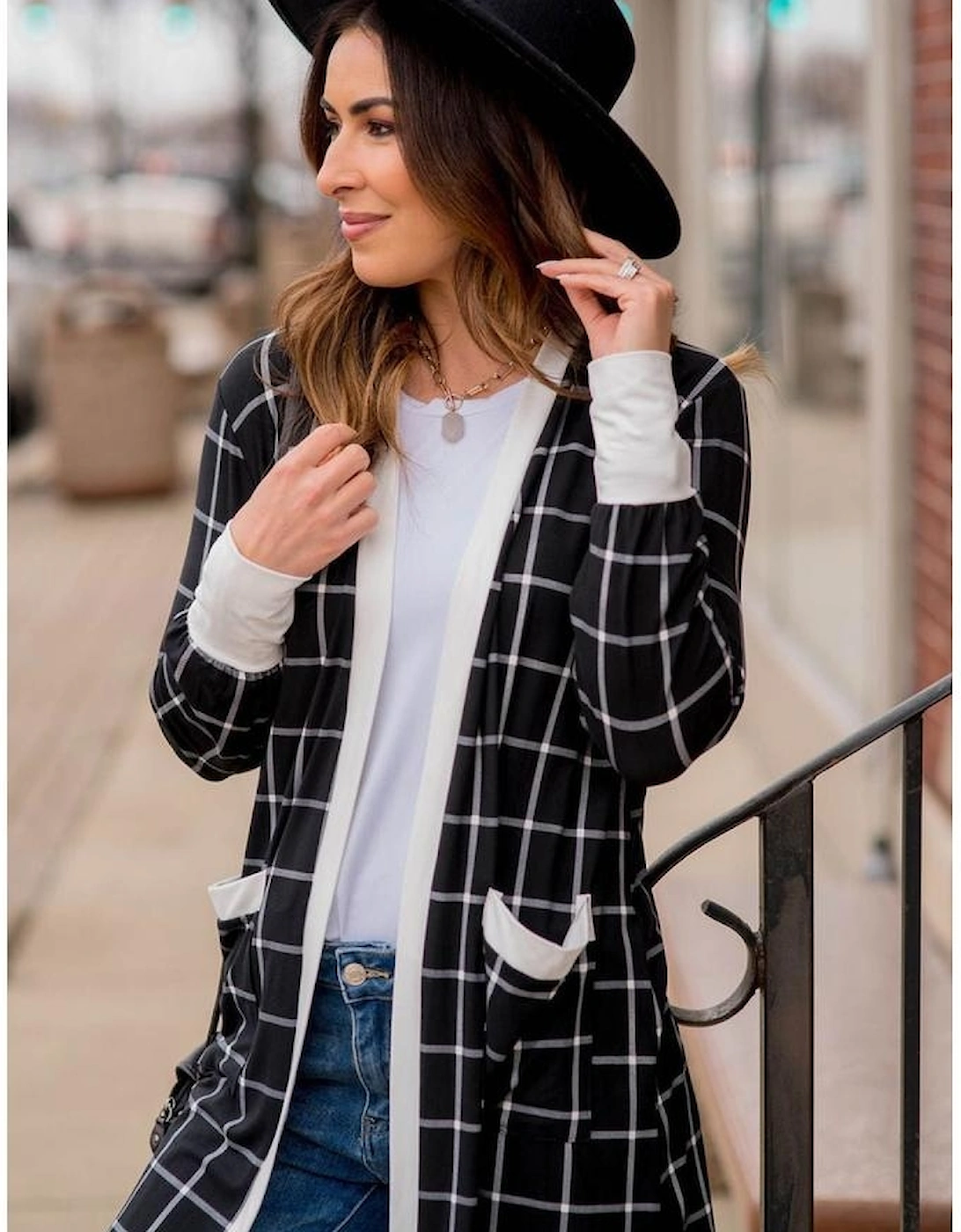 Black Plaid Colorblock Edge Open Cardigan with Pocket