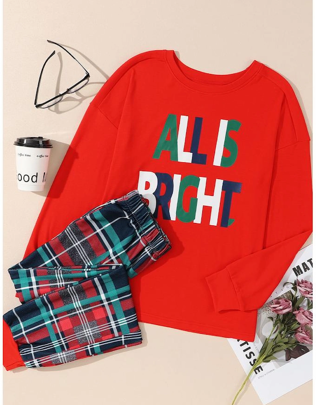 Multicolor ALL IS BRIGHT Graphic Christmas Plaid Pajamas Set