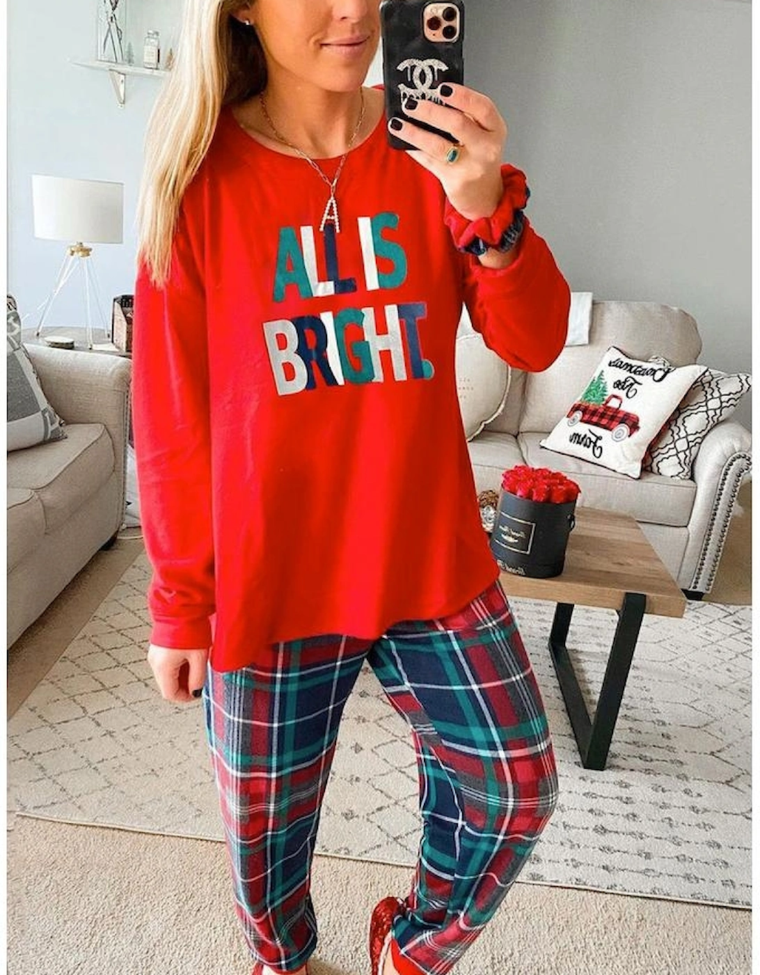 Multicolor ALL IS BRIGHT Graphic Christmas Plaid Pajamas Set