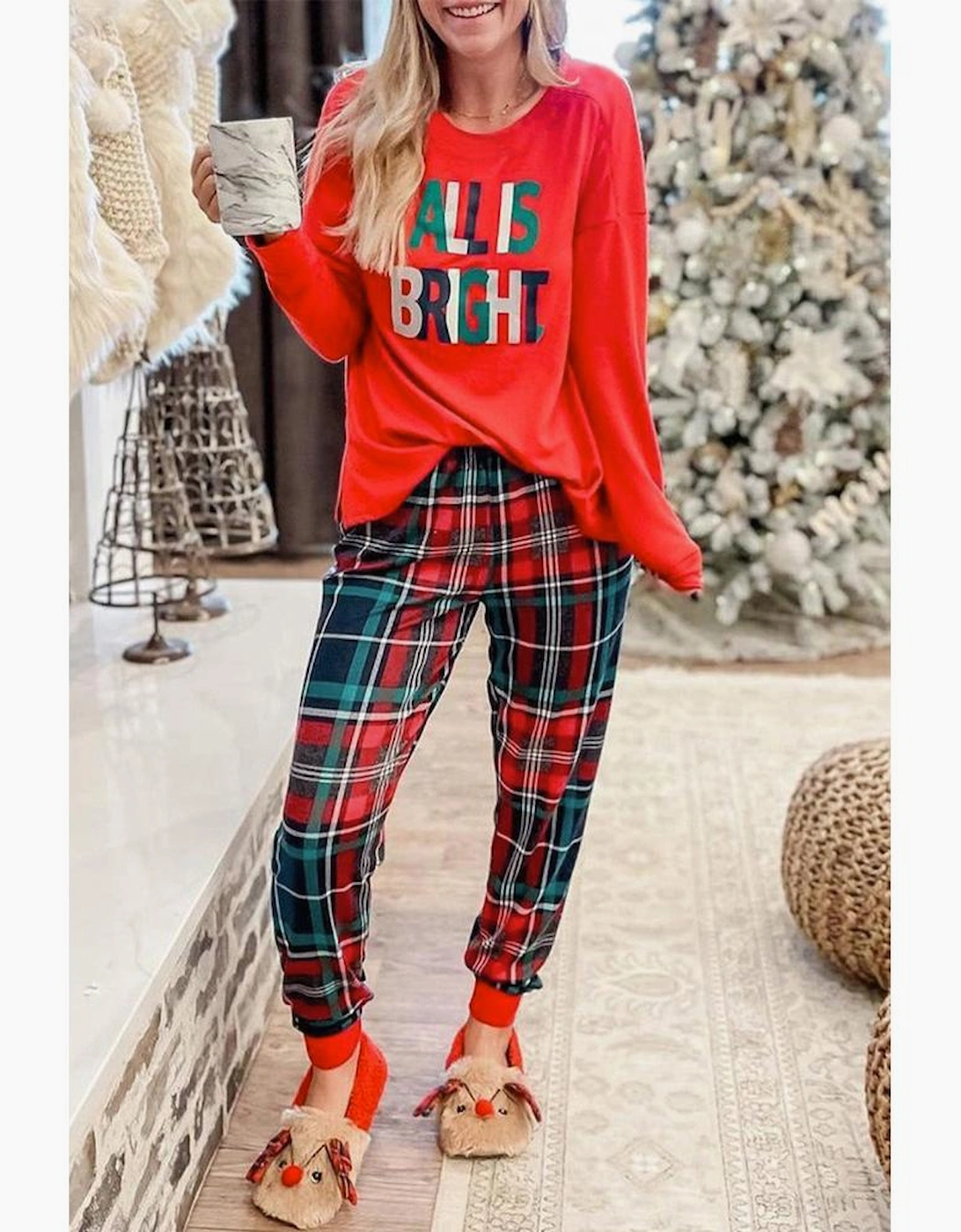 Multicolor ALL IS BRIGHT Graphic Christmas Plaid Pajamas Set