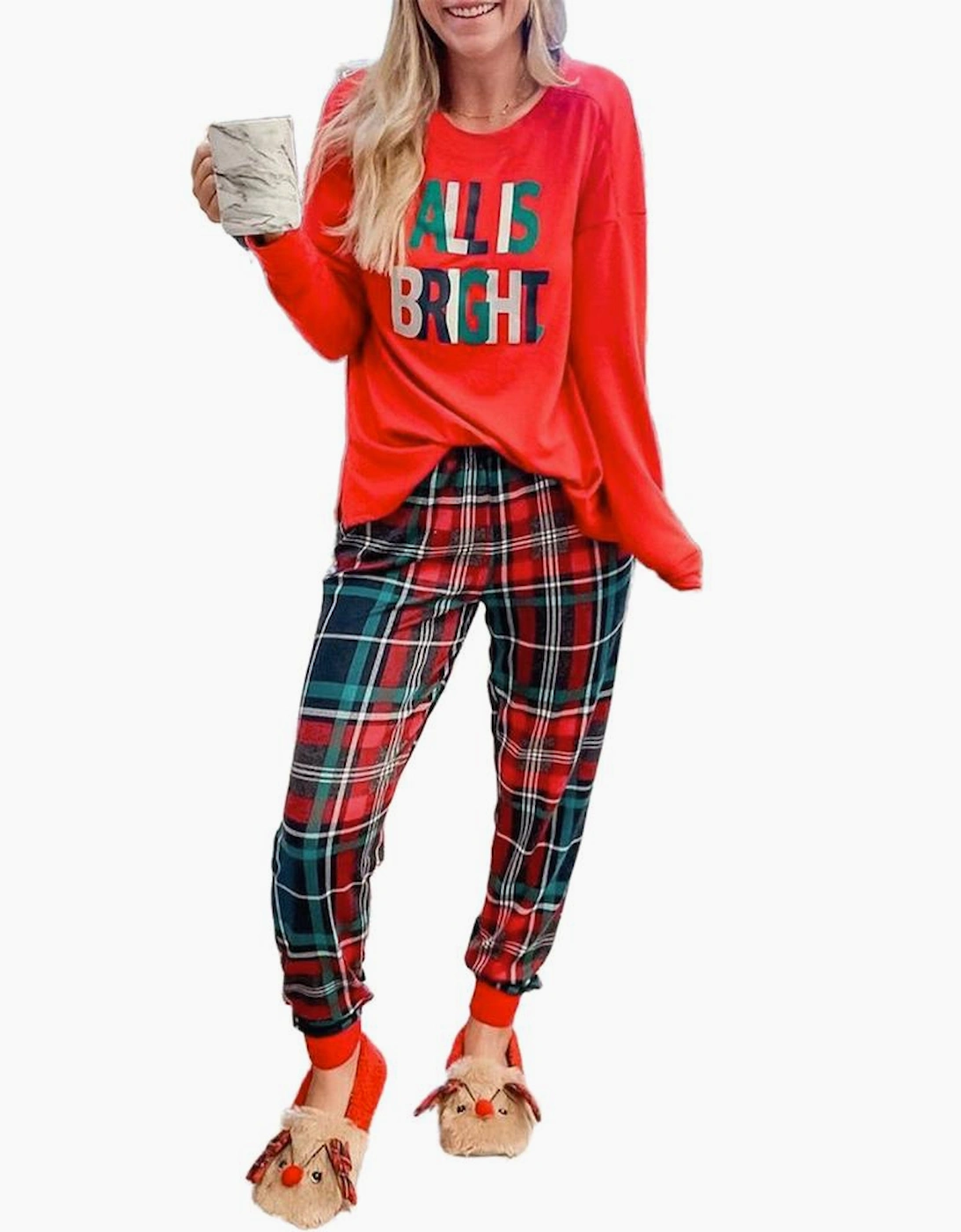 Multicolor ALL IS BRIGHT Graphic Christmas Plaid Pajamas Set