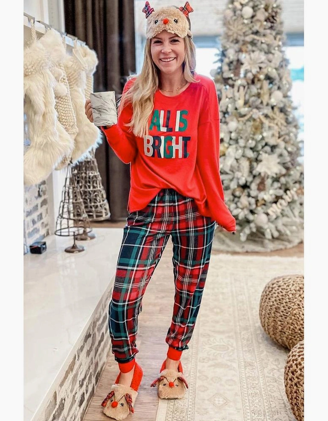 Multicolor ALL IS BRIGHT Graphic Christmas Plaid Pajamas Set