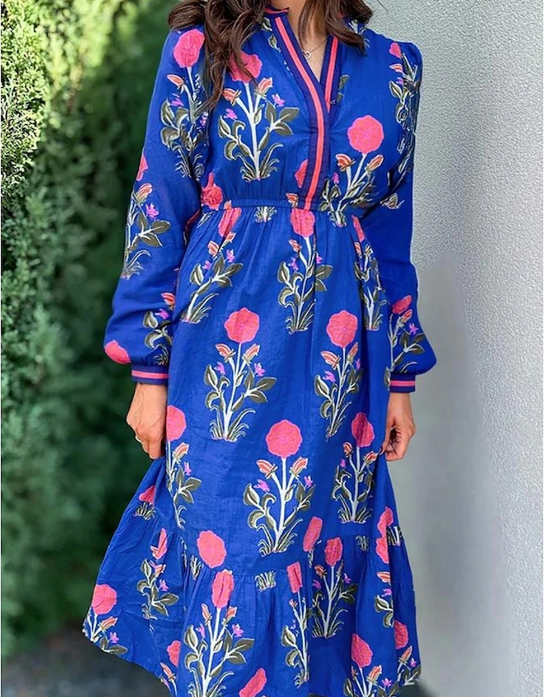 Blue Floral Print Striped Trim Split Neck Long Sleeve Ruffle Hem Midi Dress
