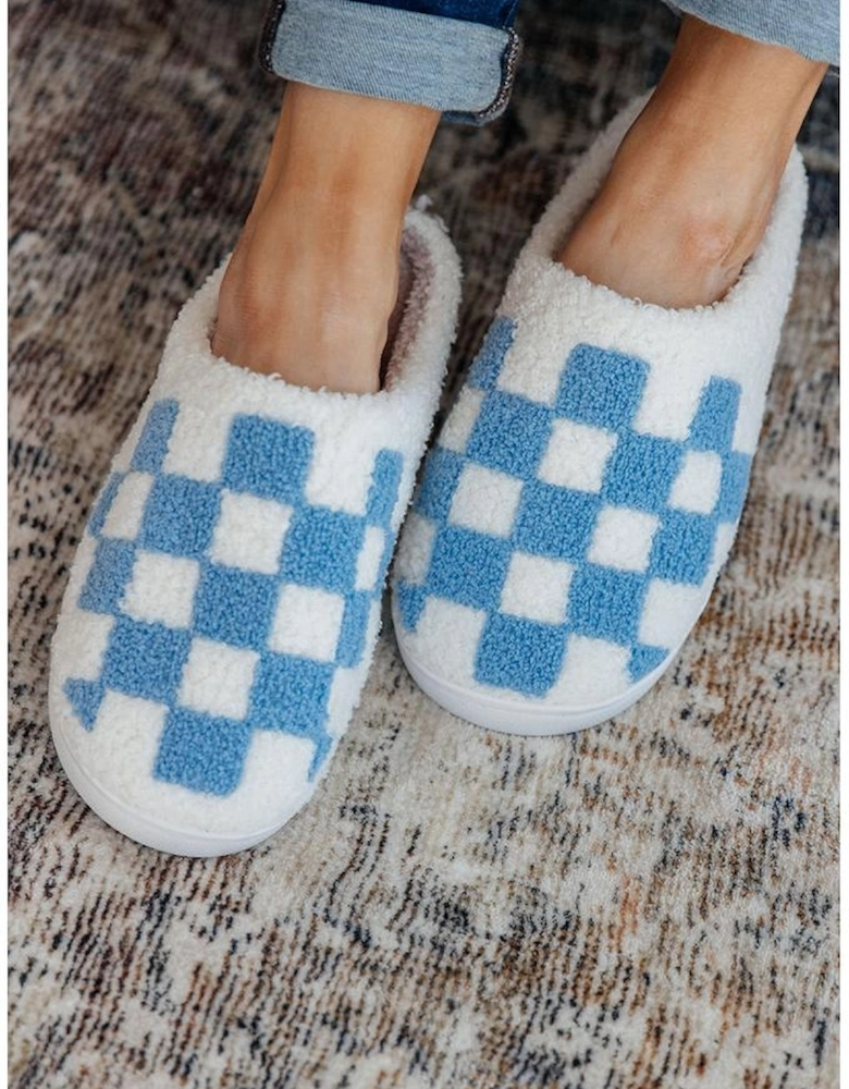 Light Blue Checkered Print Fuzzy Slip On Winter Slippers