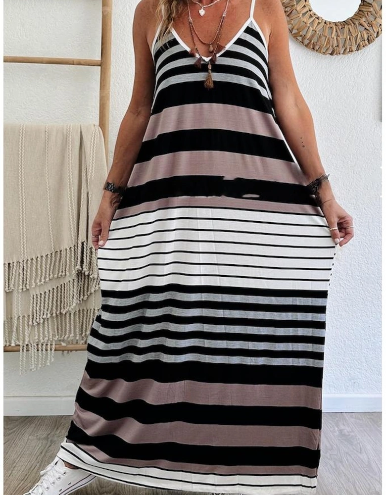 Multicolour Mixed Stripes Spaghetti Straps V Neck Maxi Dress
