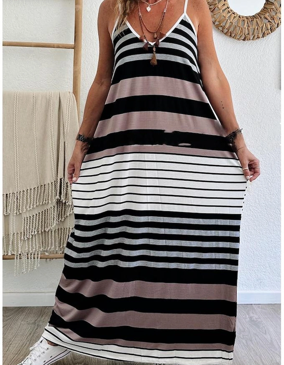 Multicolour Mixed Stripes Spaghetti Straps V Neck Maxi Dress, 11 of 10