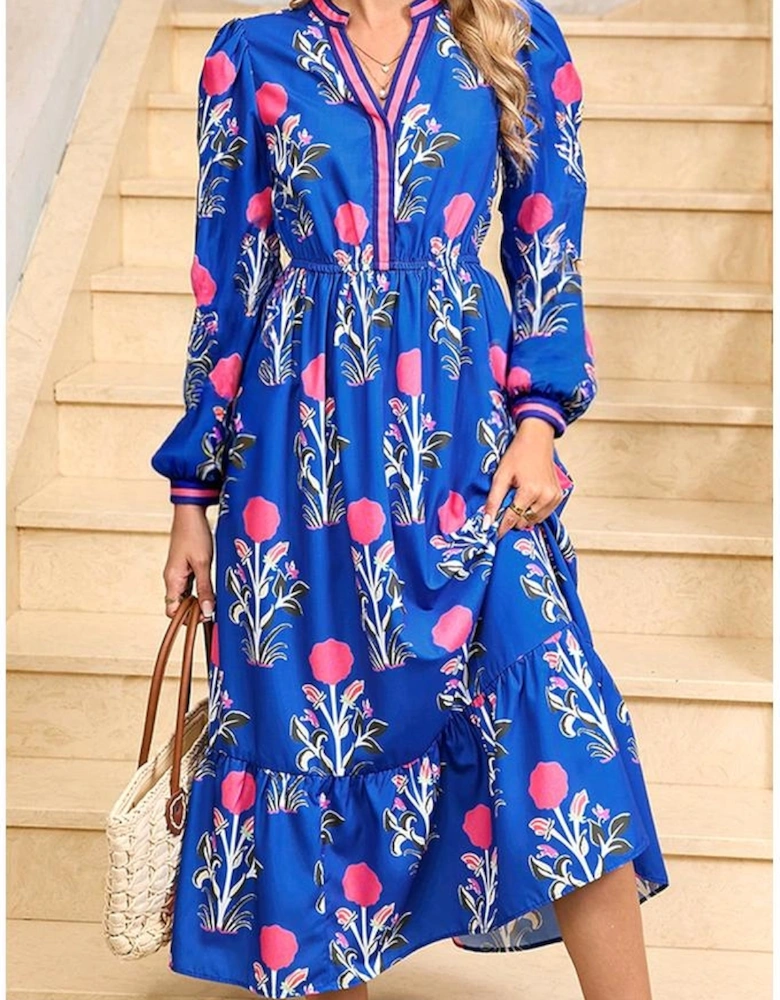 Blue Floral Print Striped Trim Split Neck Long Sleeve Ruffle Hem Midi Dress