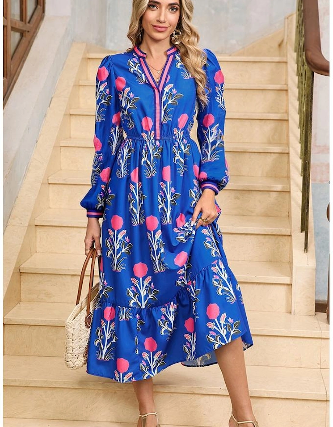Blue Floral Print Striped Trim Split Neck Long Sleeve Ruffle Hem Midi Dress