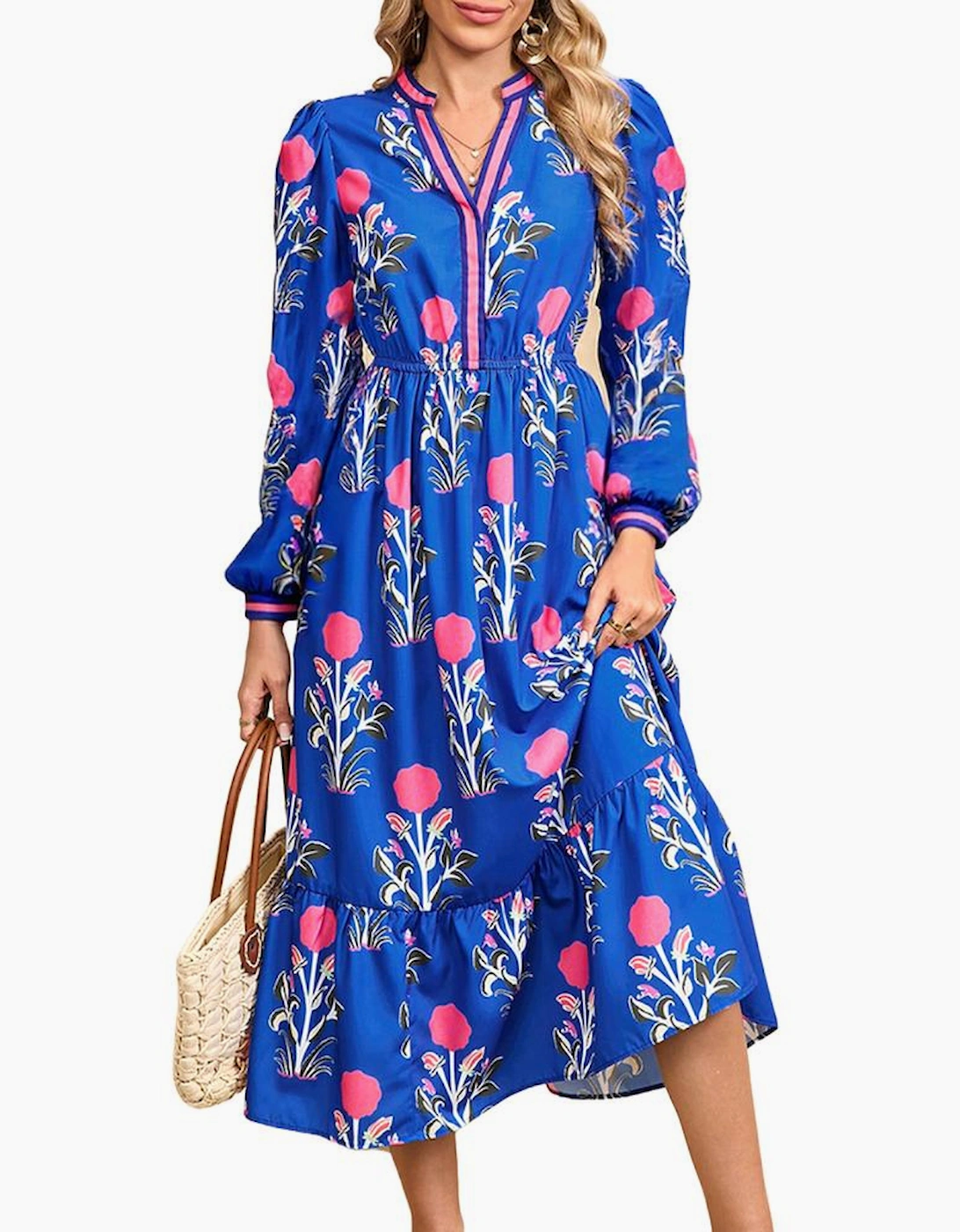 Blue Floral Print Striped Trim Split Neck Long Sleeve Ruffle Hem Midi Dress