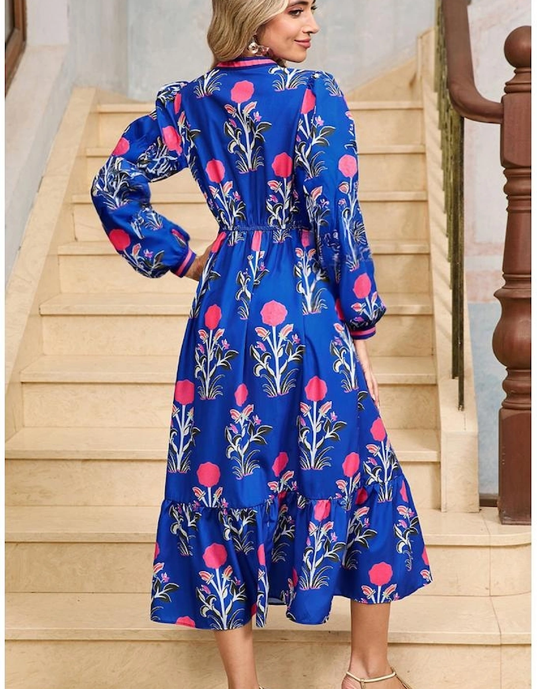 Blue Floral Print Striped Trim Split Neck Long Sleeve Ruffle Hem Midi Dress, 6 of 5