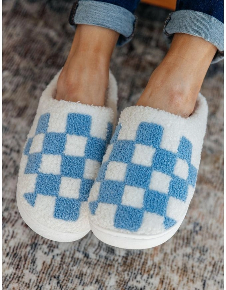 Light Blue Checkered Print Fuzzy Slip On Winter Slippers