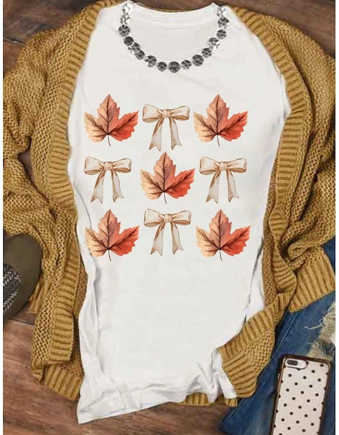 White Fall Leaf Bow Print Thanksgiving T Shirt
