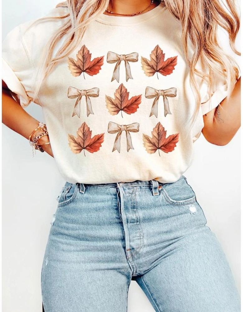White Fall Leaf Bow Print Thanksgiving T Shirt