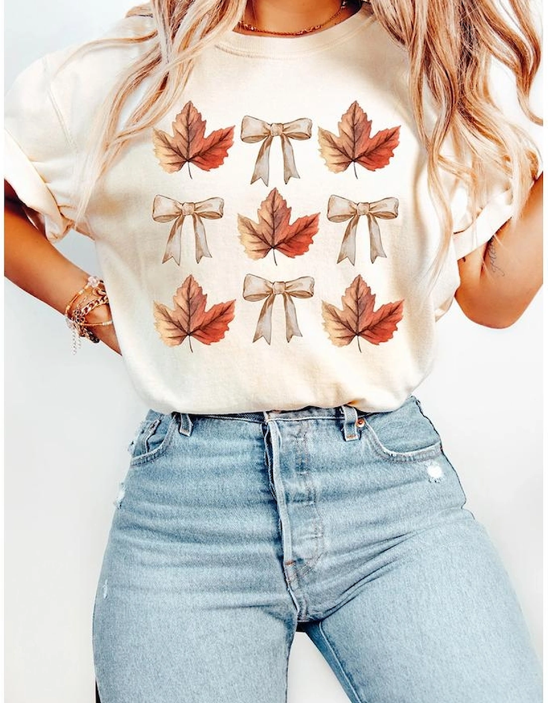 White Fall Leaf Bow Print Thanksgiving T Shirt