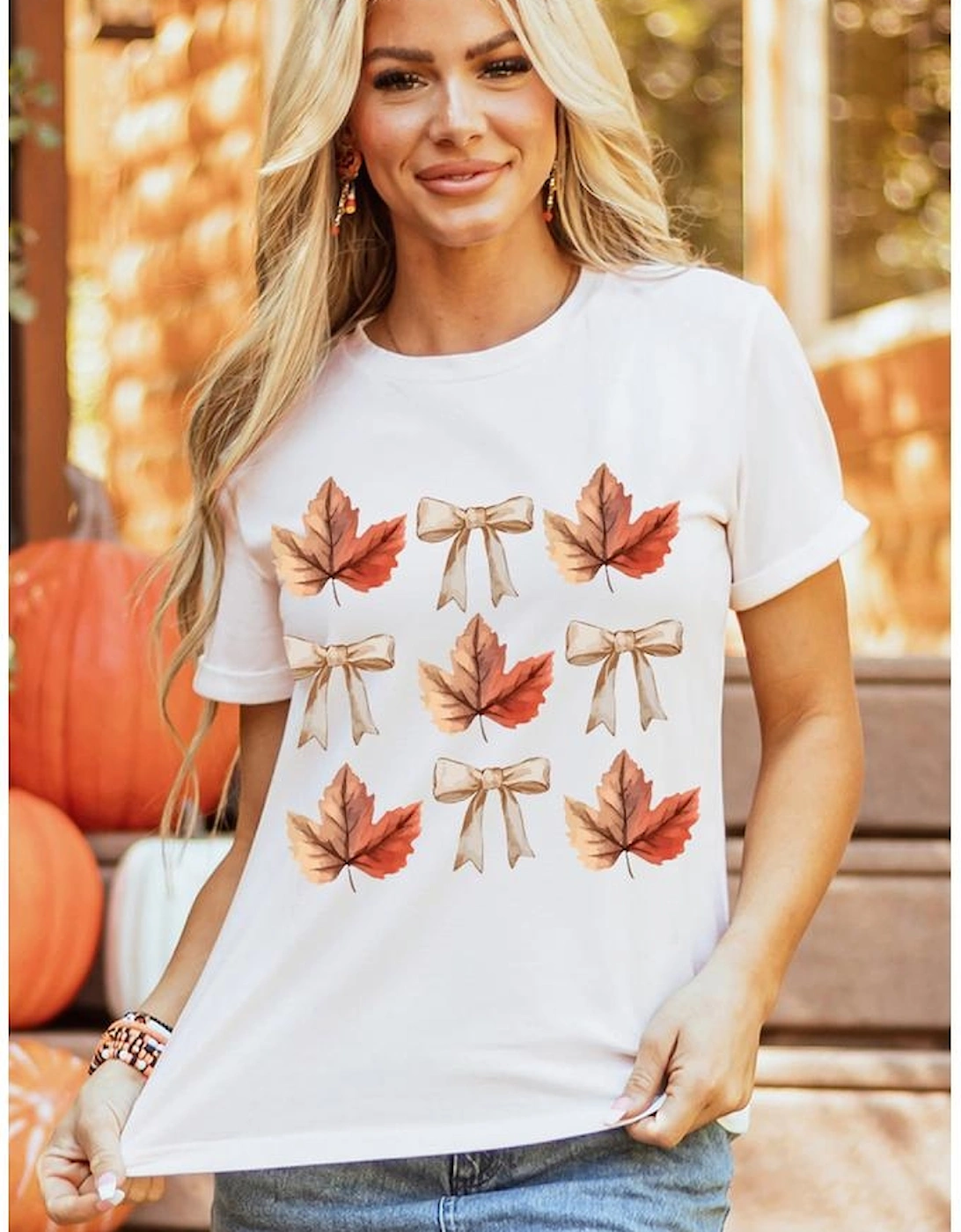 White Fall Leaf Bow Print Thanksgiving T Shirt