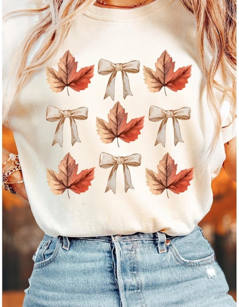 White Fall Leaf Bow Print Thanksgiving T Shirt