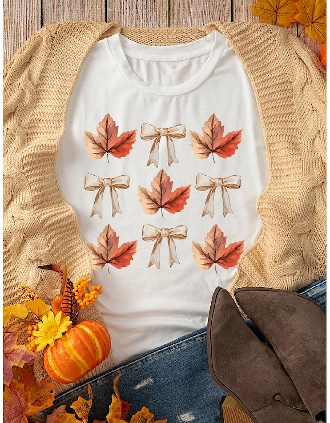 White Fall Leaf Bow Print Thanksgiving T Shirt