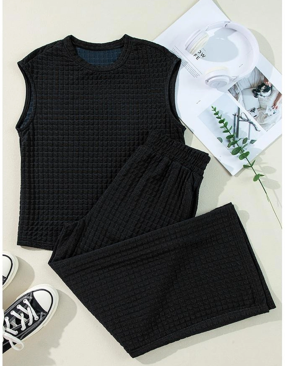 Color black Textured Knit Cap Sleeve T Shirt and Wide Leg Pants Set